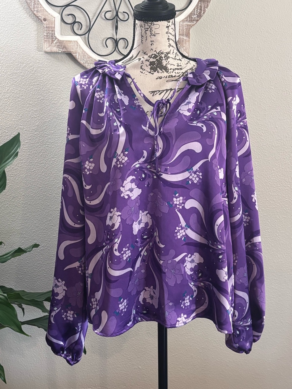 Apt. 9 Purple Floral Tie-Front Long Sleeve Blouse